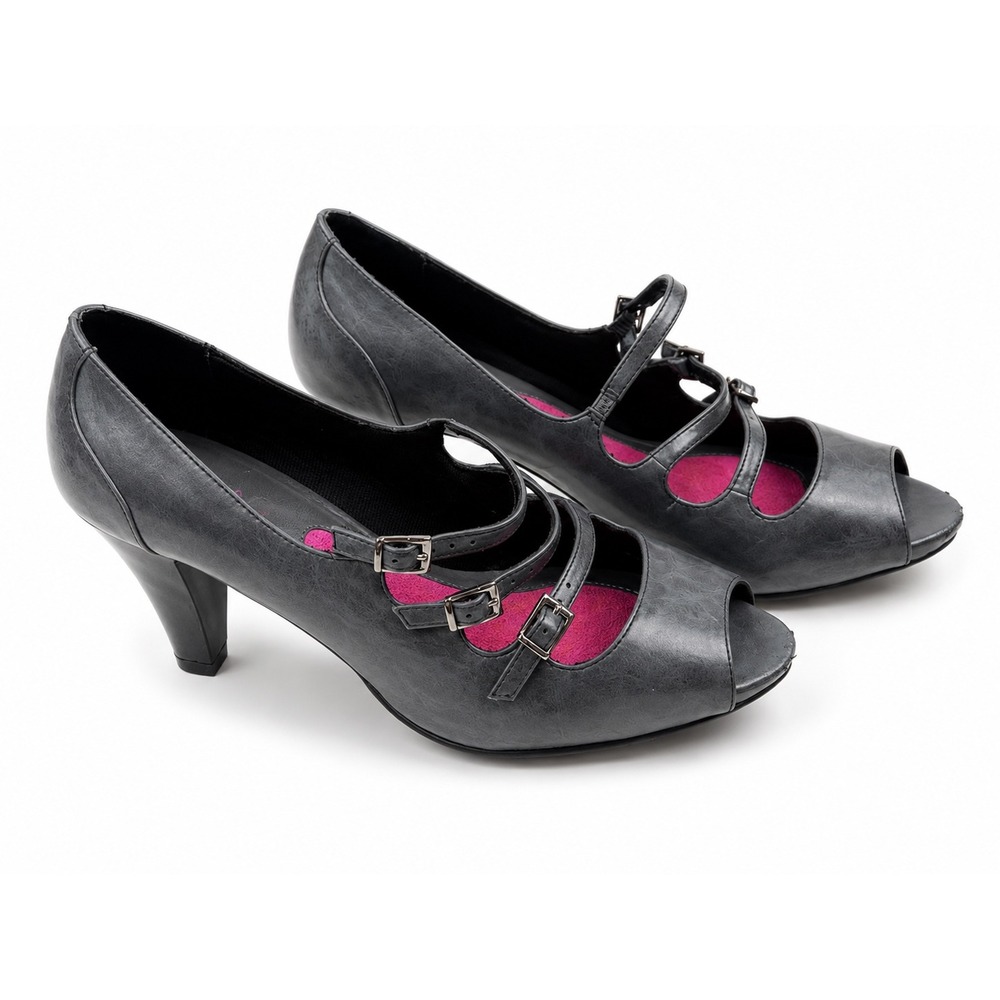 Gretta Vintage Y2K Gray Triple Strap Mary Jane Peep Toe Heels Women's Size 7M
